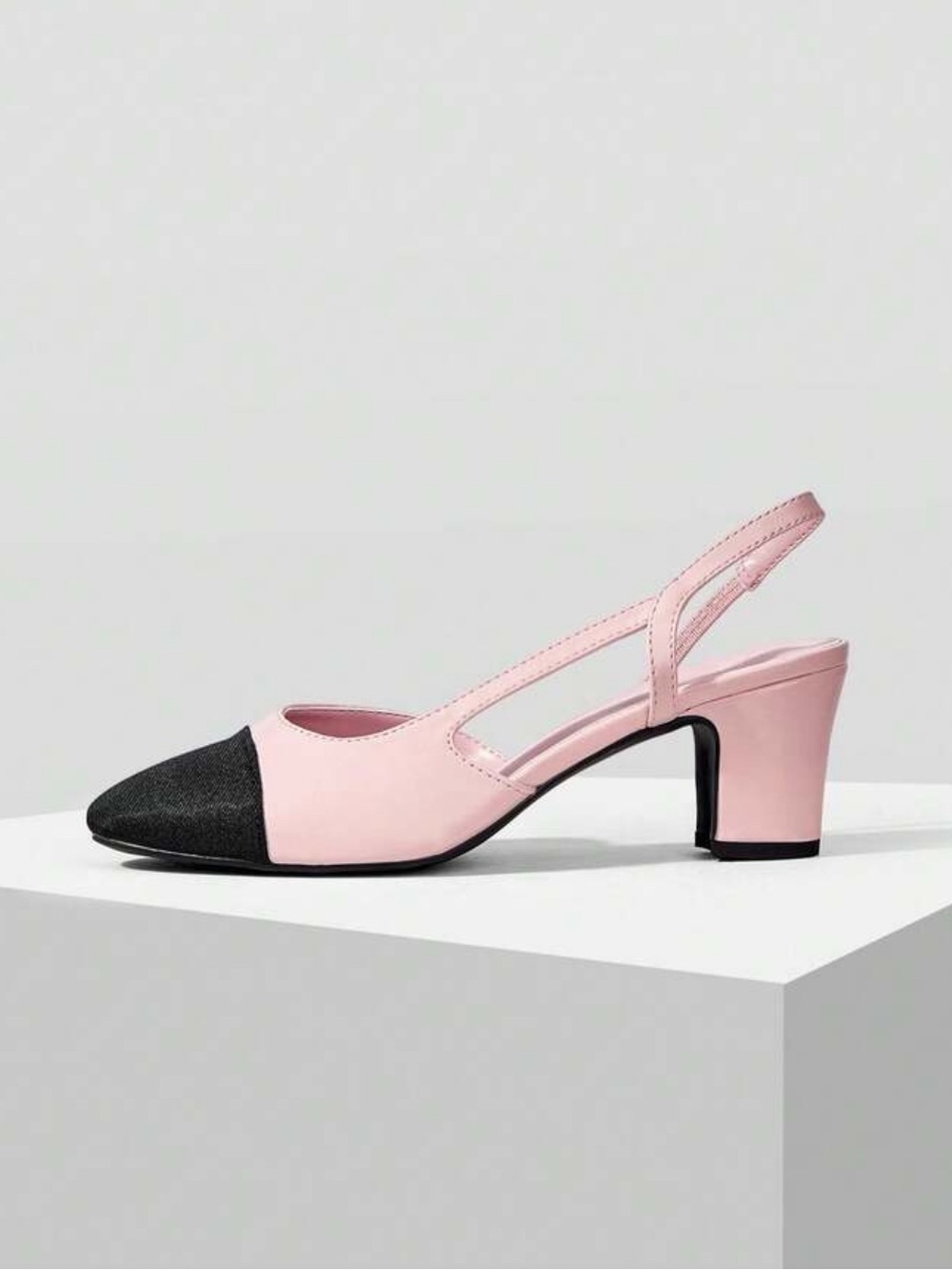 **NOT CHANEL***Light Pink and Black Slingback Block Heel Pumps